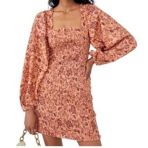 Free People Floral Long Sleeve Dress in Peach and Burgundy